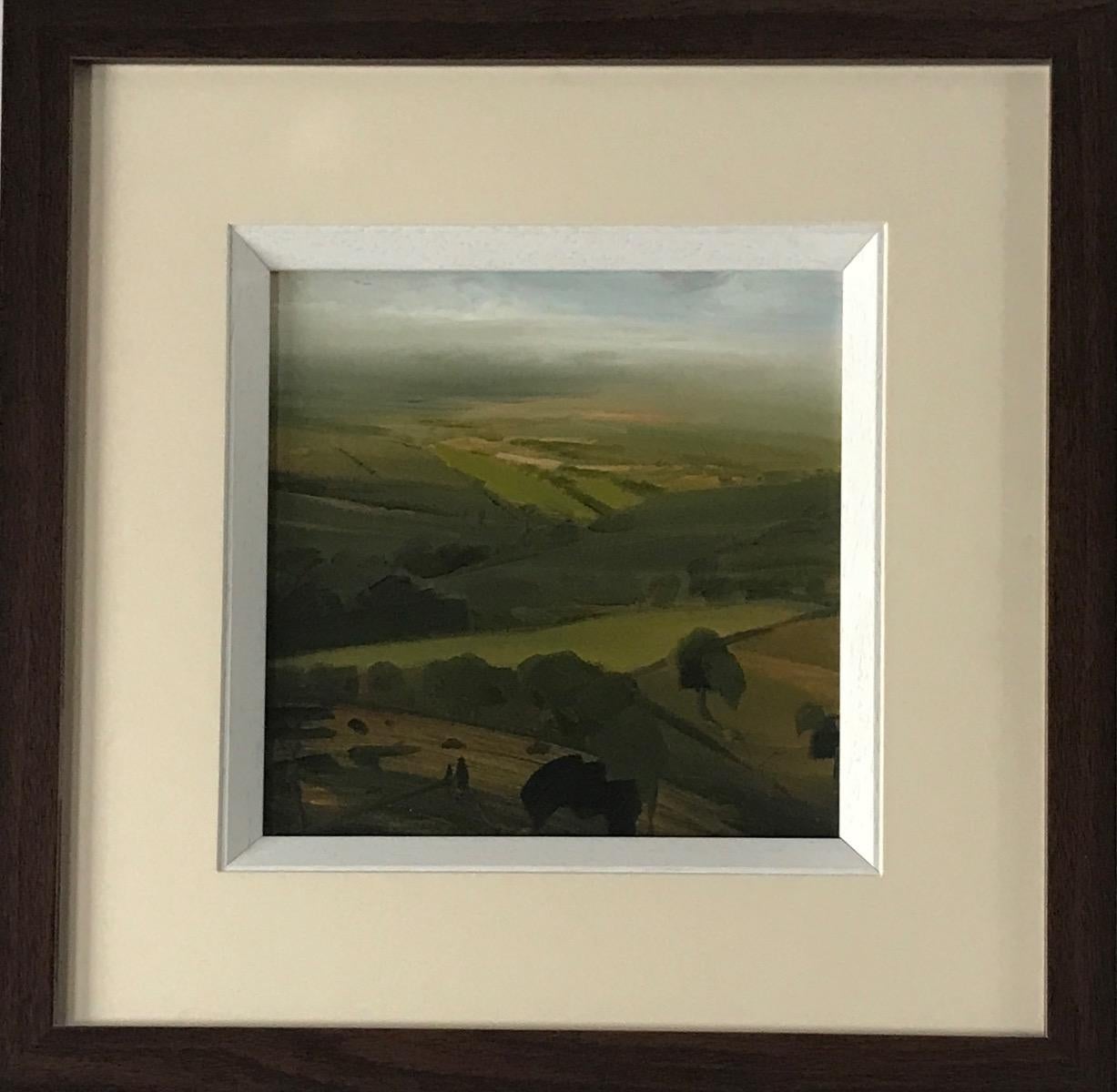 Hills In Mist, Original painting, Landscape, Nature, Birds view, Lake, Hills  - Painting by James Naughton
