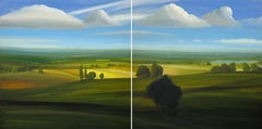Large Landscape Diptych Oil Painting of Lush Green Pastoral English Countryside