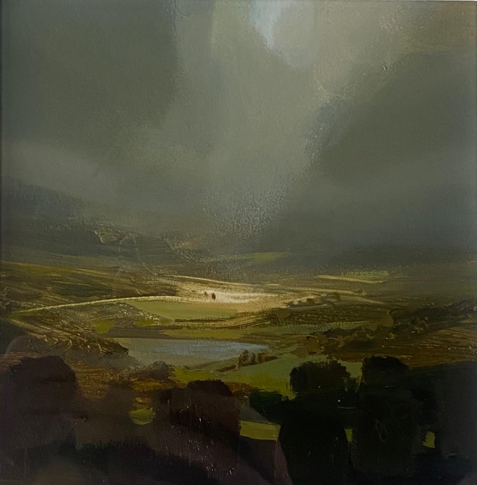 Árboles y nubes, Pintura original, Paisaje, Naturaleza, Vista de pájaro, Lago, Colinas 6