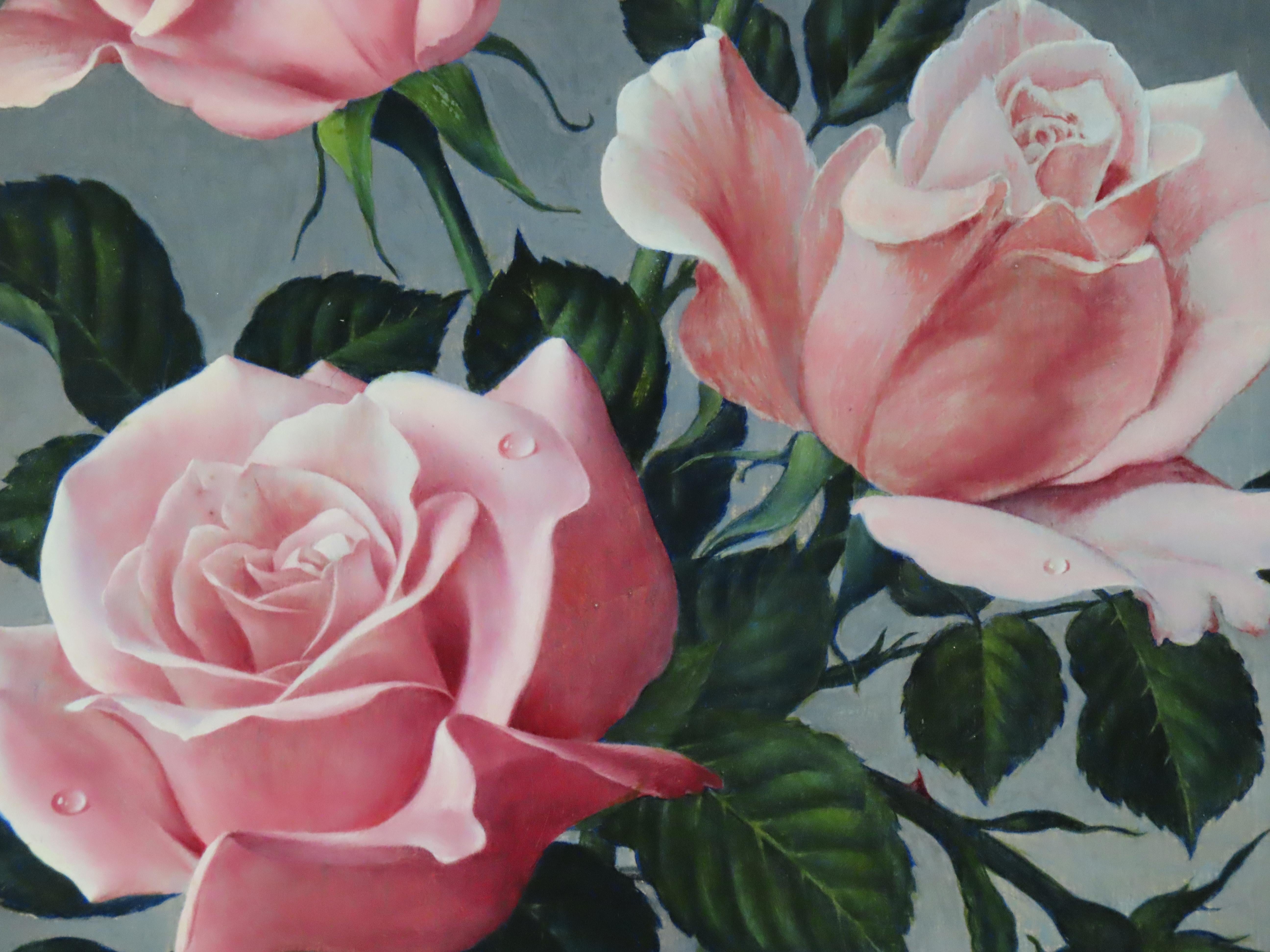 Original Ölgemälde auf Leinwand, James Noble. „Eine Vase aus rosa Rosen“ im Angebot 1