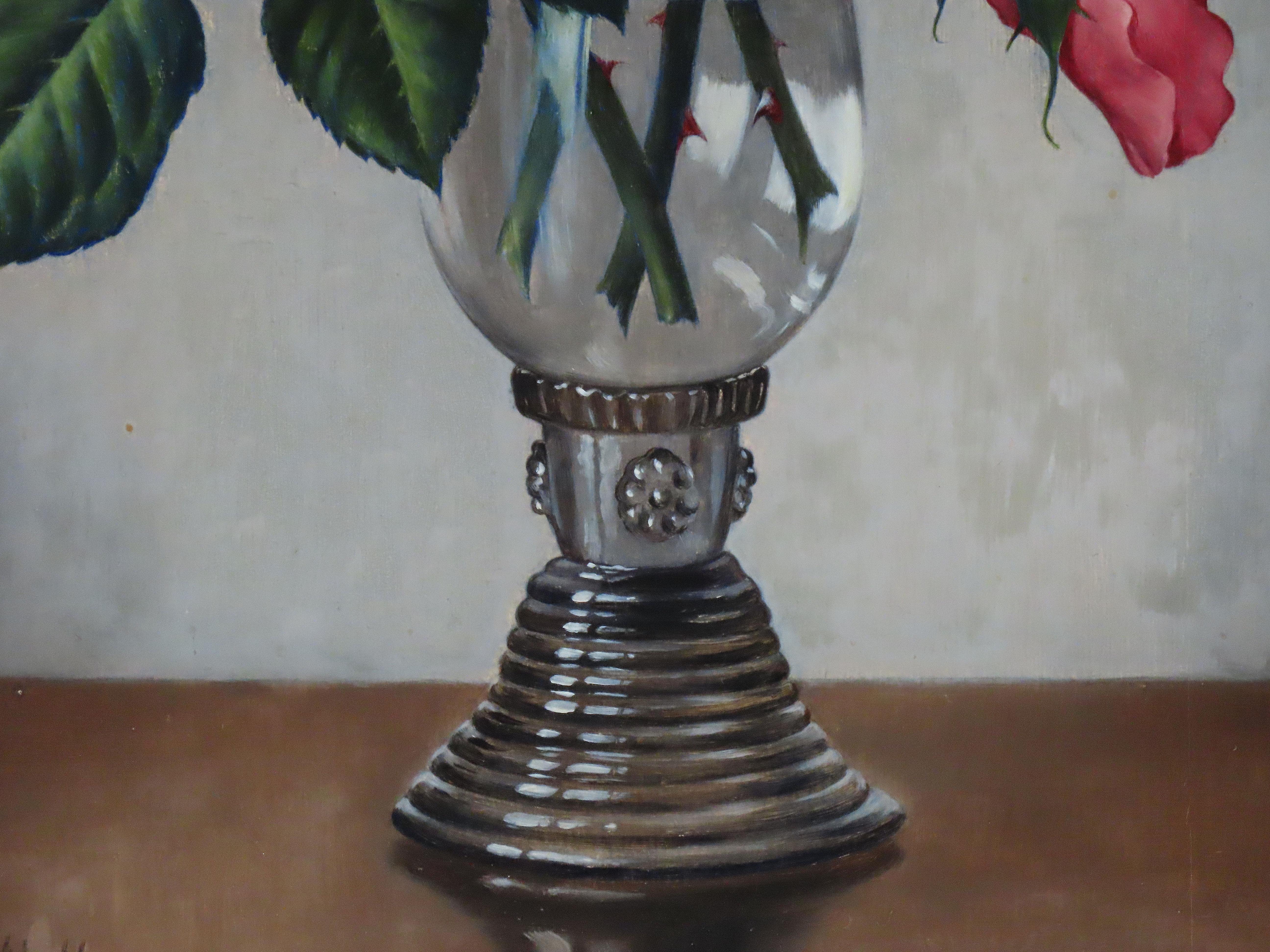 Original Ölgemälde auf Leinwand, James Noble. „Eine Vase aus rosa Rosen“ im Angebot 2