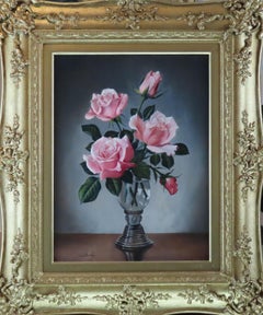 Original Oil on Canvas, James Noble. "A Vase of Pink Roses"