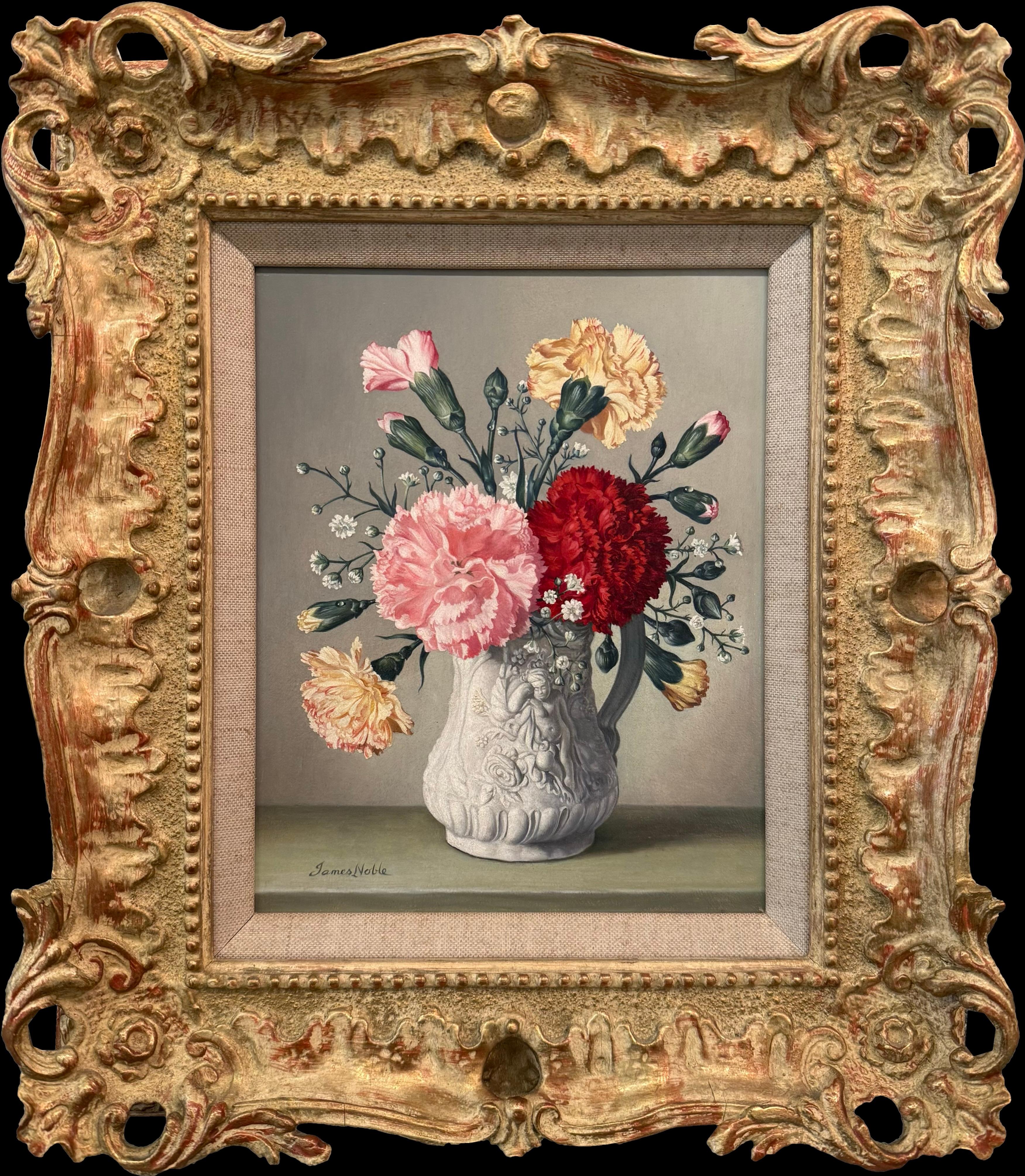 James Noble Still-Life Painting - Carnations in a Cupid Jug, Oil on Board, Signed, 20th Century, Framed