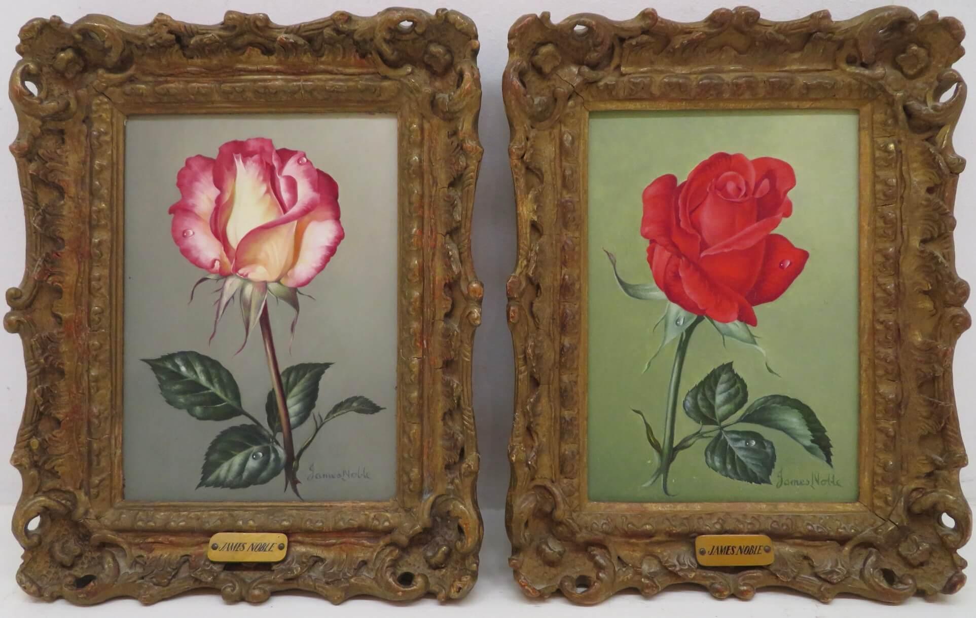 Still-Life Painting James Noble - Peinture à l'huile anglaise réaliste originale, natures mortes et roses - Une paire