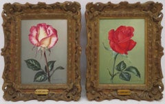Retro Original English Realist Flower Oil Painting Still Life Roses Oil - A Pair
