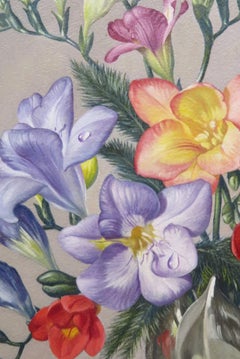 Original English Realist Oil Painting STILL LIFE FREESIA FLOWERS by James Noble
