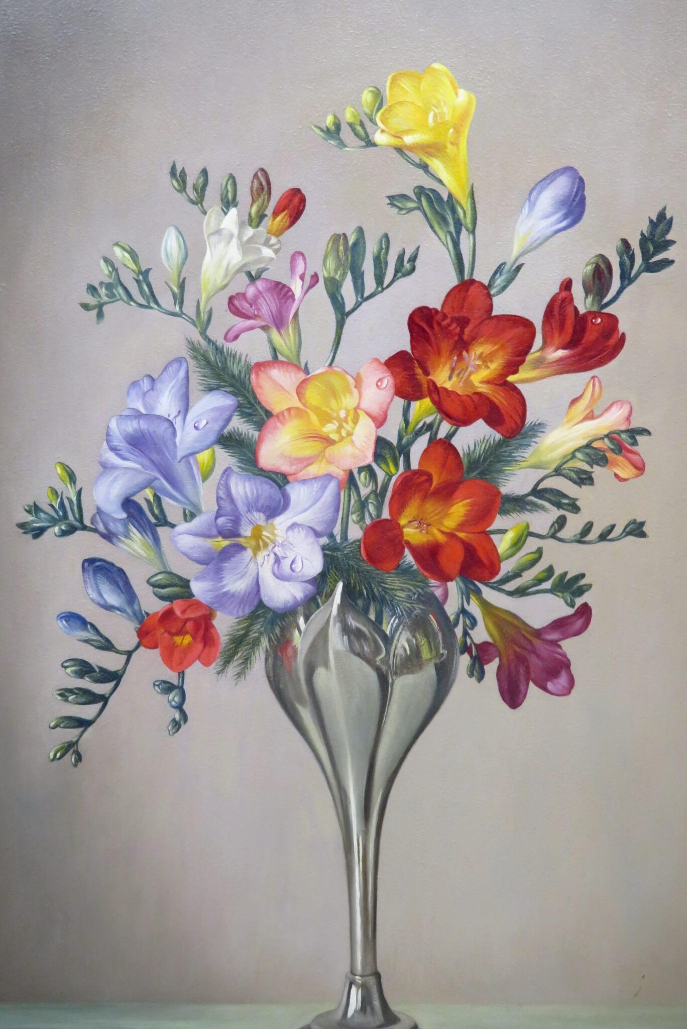 Original English Realist Oil Painting STILL LIFE FREESIA FLOWERS by James Noble im Angebot 2