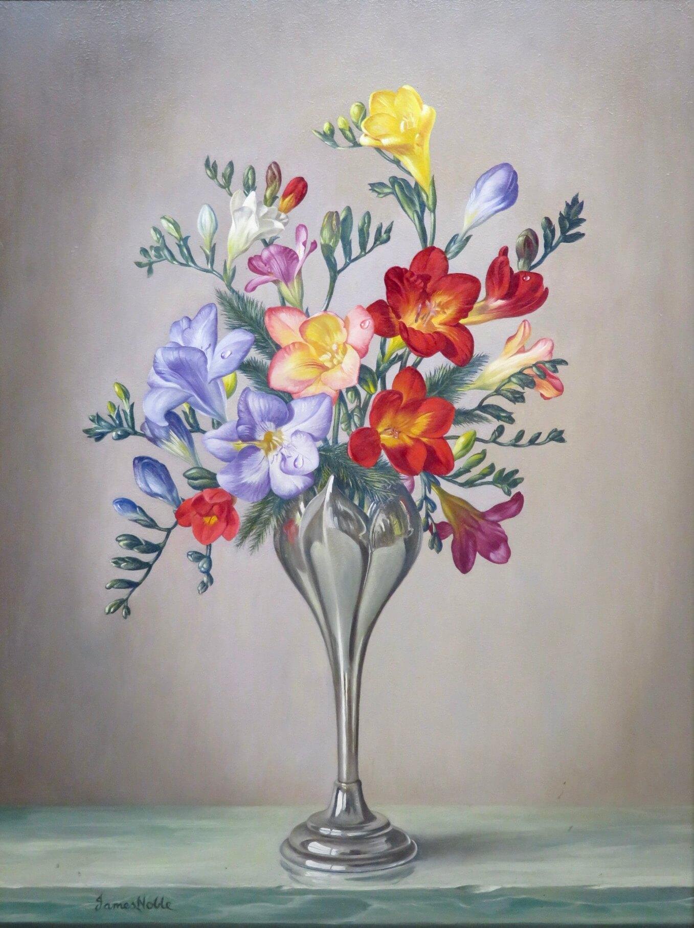Original English Realist Oil Painting STILL LIFE FREESIA FLOWERS by James Noble im Angebot 3