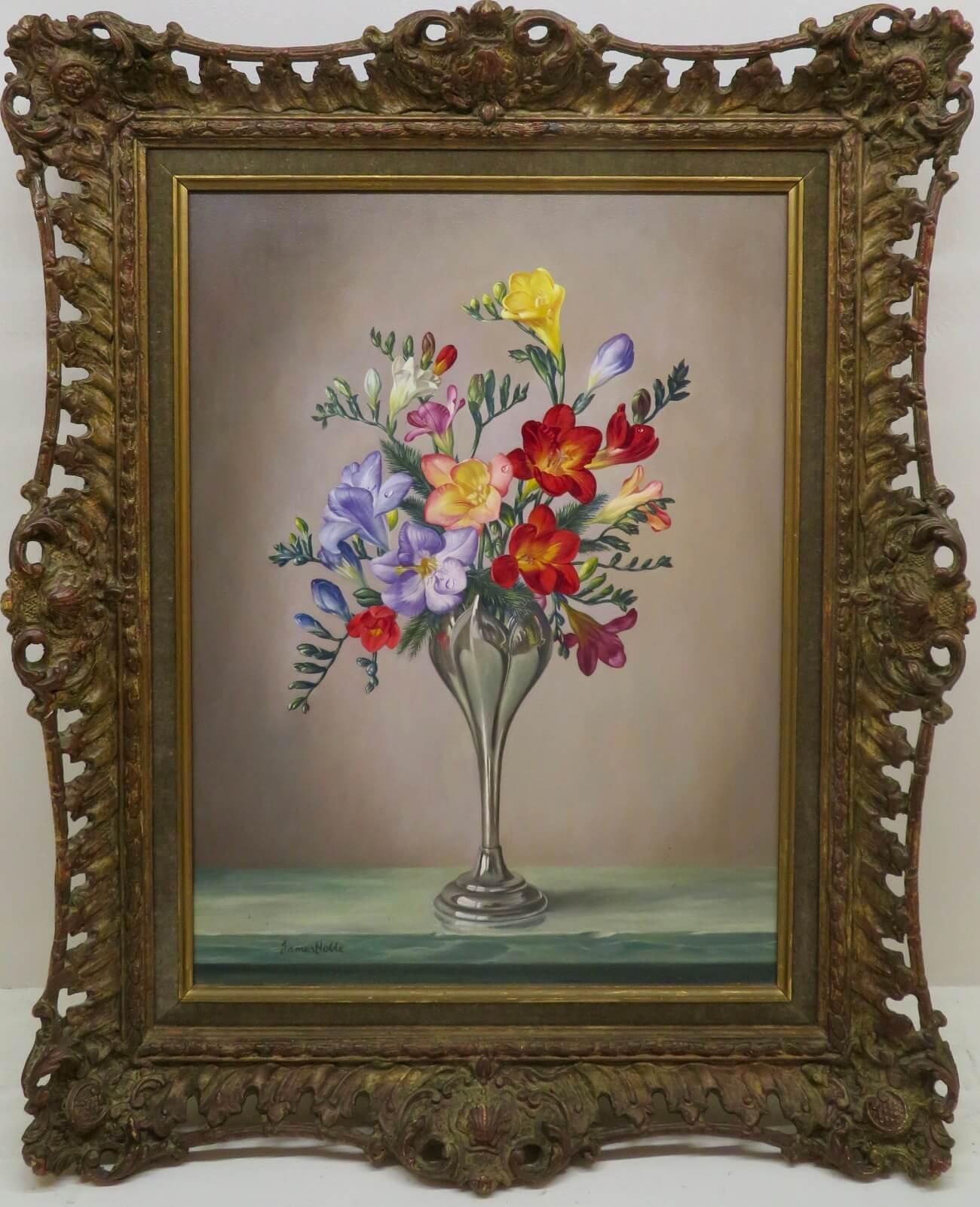 ARTIST: James Noble (1919-1989) English 
TITLE: "Still Life Of Freesias"
MEDIUM: oil on canvas
SIZE: 54cm x 44cm incl. frame 
CONDITION: excellent 
NOTES: Born in Middlesex he went to work in the family painting and decorating business but soon