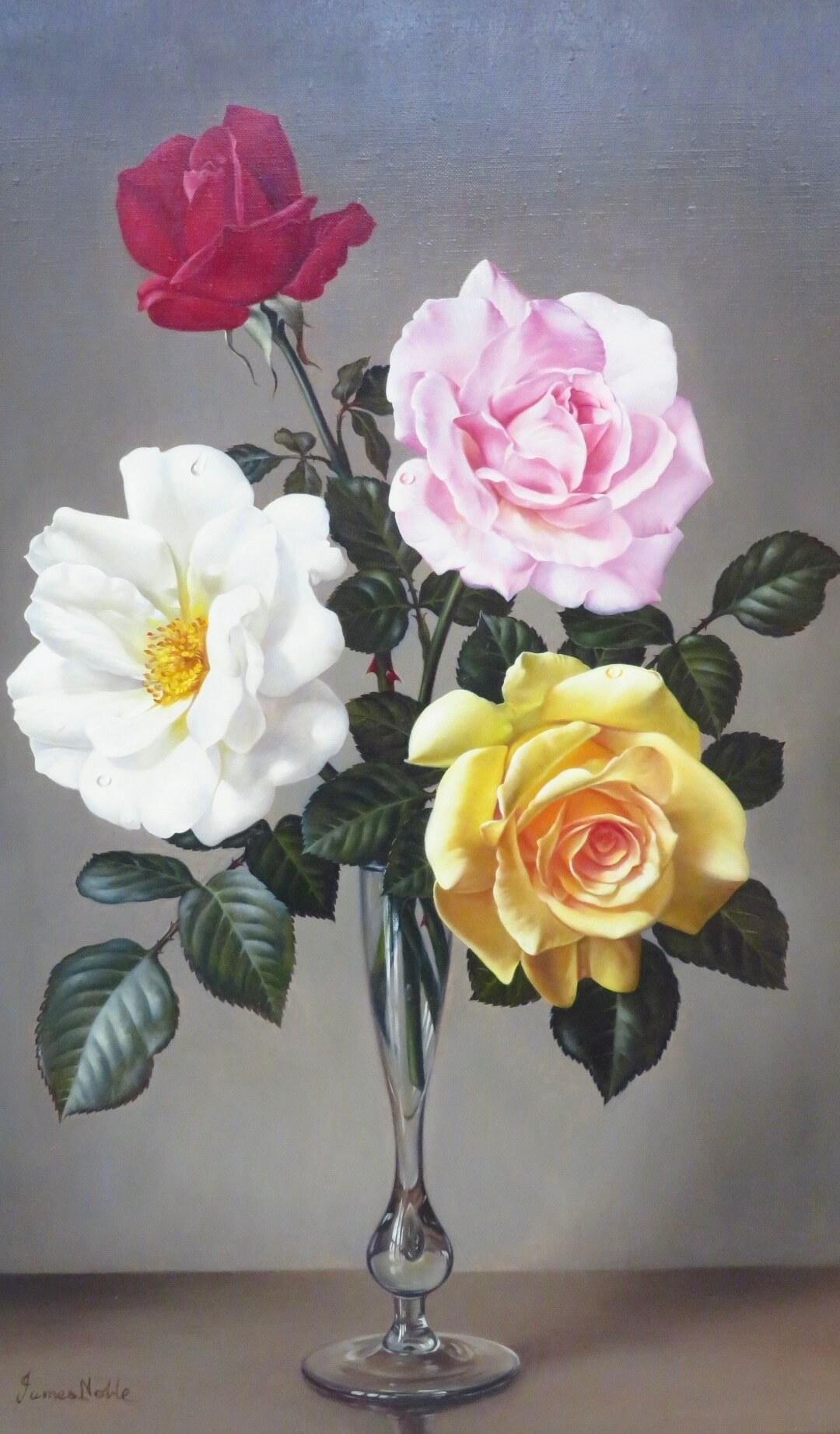 Original English Still Life Realist Mid 20th Century oil painting of Rose Flower - Painting by James Noble