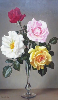 Original English Still Life Realist Mid 20th Century oil painting of Rose Flower