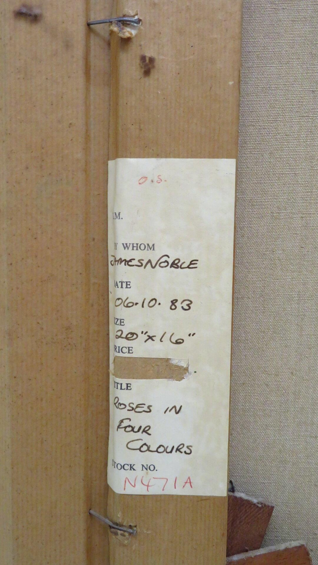 ARTIST: James Noble (1919-1989) British

TITLE: “Roses In Four Colours”

SIGNED: lower right

MEDIUM: oil on canvas

SIZE: 65cm x 55cm inc frame

CONDITION: excellent

DETAIL:Born in Middlesex he went to work in the family paintingand deccrating