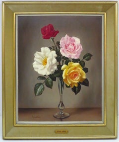 Original English Still Life Realist Mid 20th Century oil painting of Rose Flower