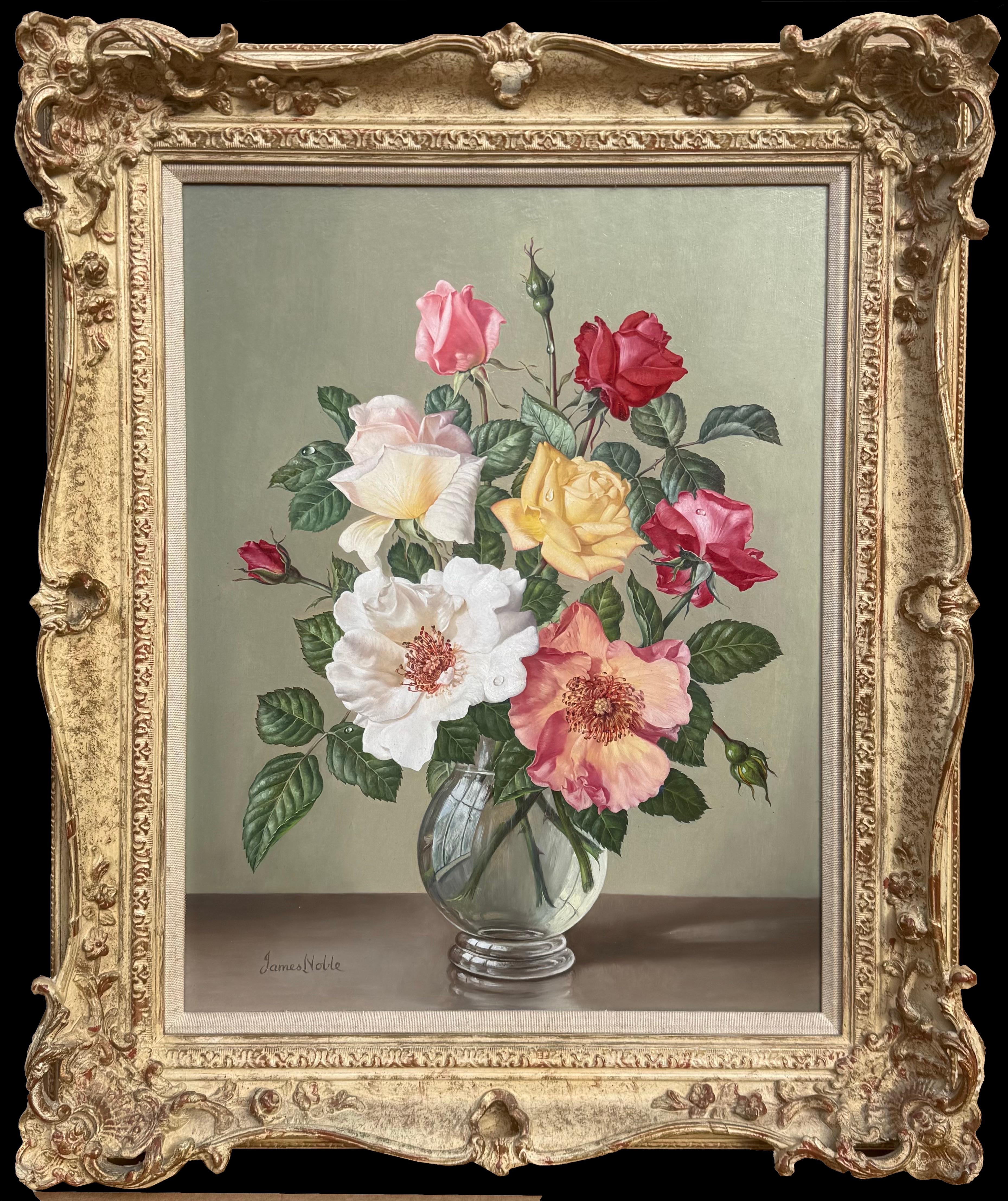 James Noble Still-Life Painting - Roses in a Glass Bowl, Oil on Board, Signed, Framed, 1980s, 24x19.5"
