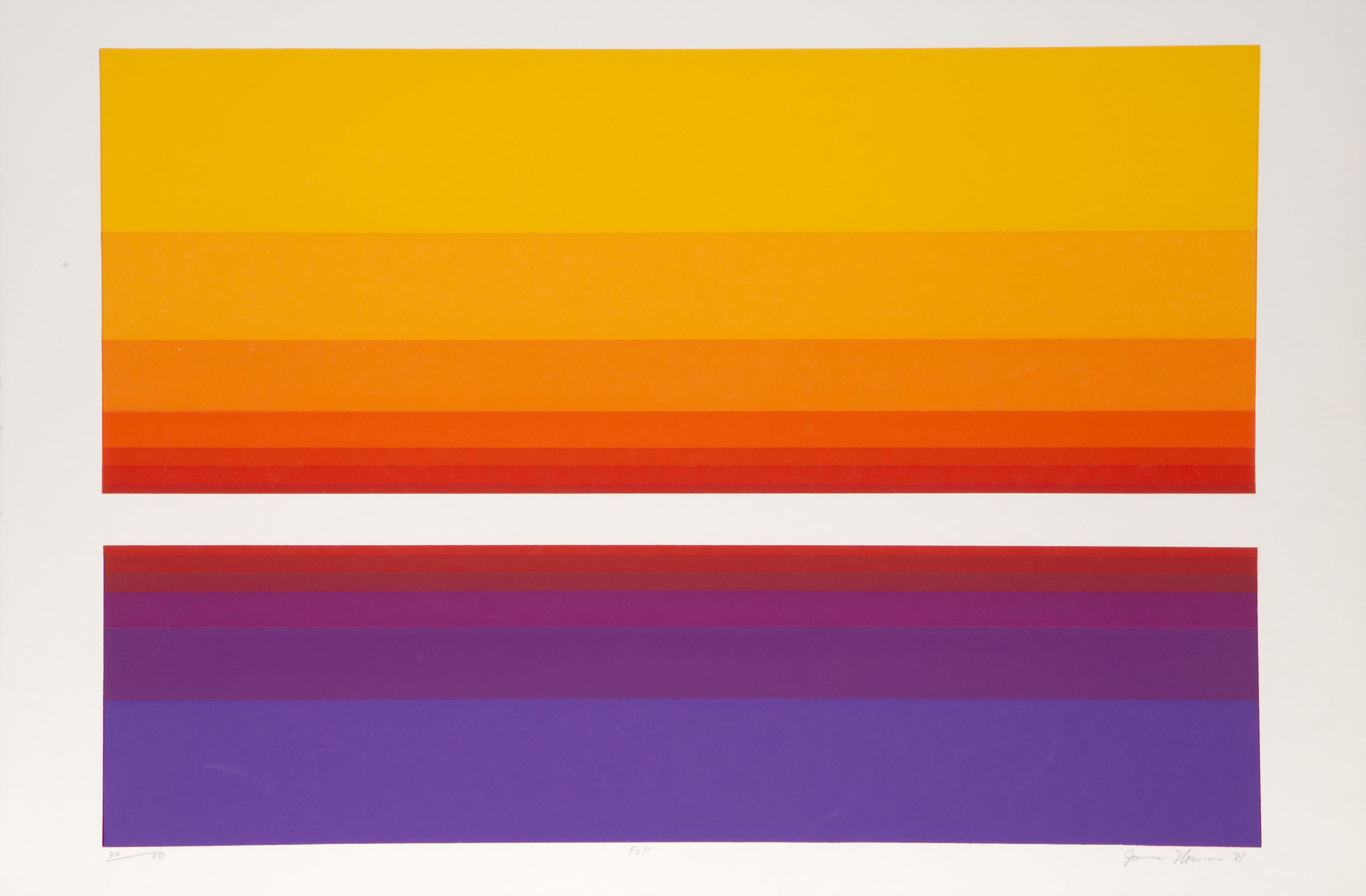 Artist: James Norman, American (1927 - 2011)
Title: Fall
Year: 1981
Medium: Screenprint, signed and numbered in pencil
Edition: 34/50
Image Size: 22 x 32 inches
Size: 25 x 38 in. (63.5 x 96.52 cm)