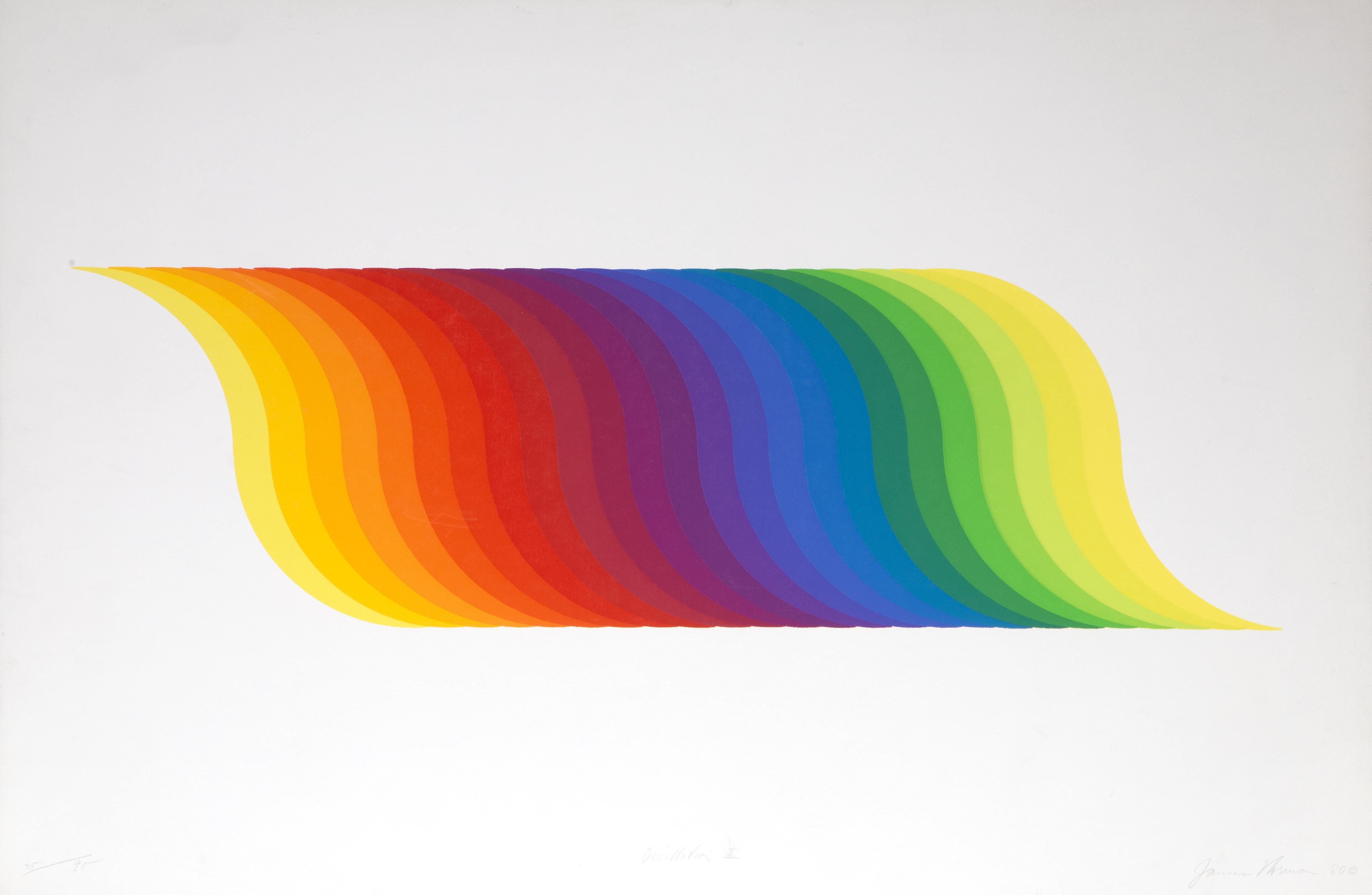 Artist: James Norman, American (1927 - 2011)
Title: Oscillation I
Year: 1980
Medium: Screenprint, signed and numbered in pencil
Edition: 35/95
Image Size: 10 x 33 inches
Size: 25 x 38 in. (63.5 x 96.52 cm)