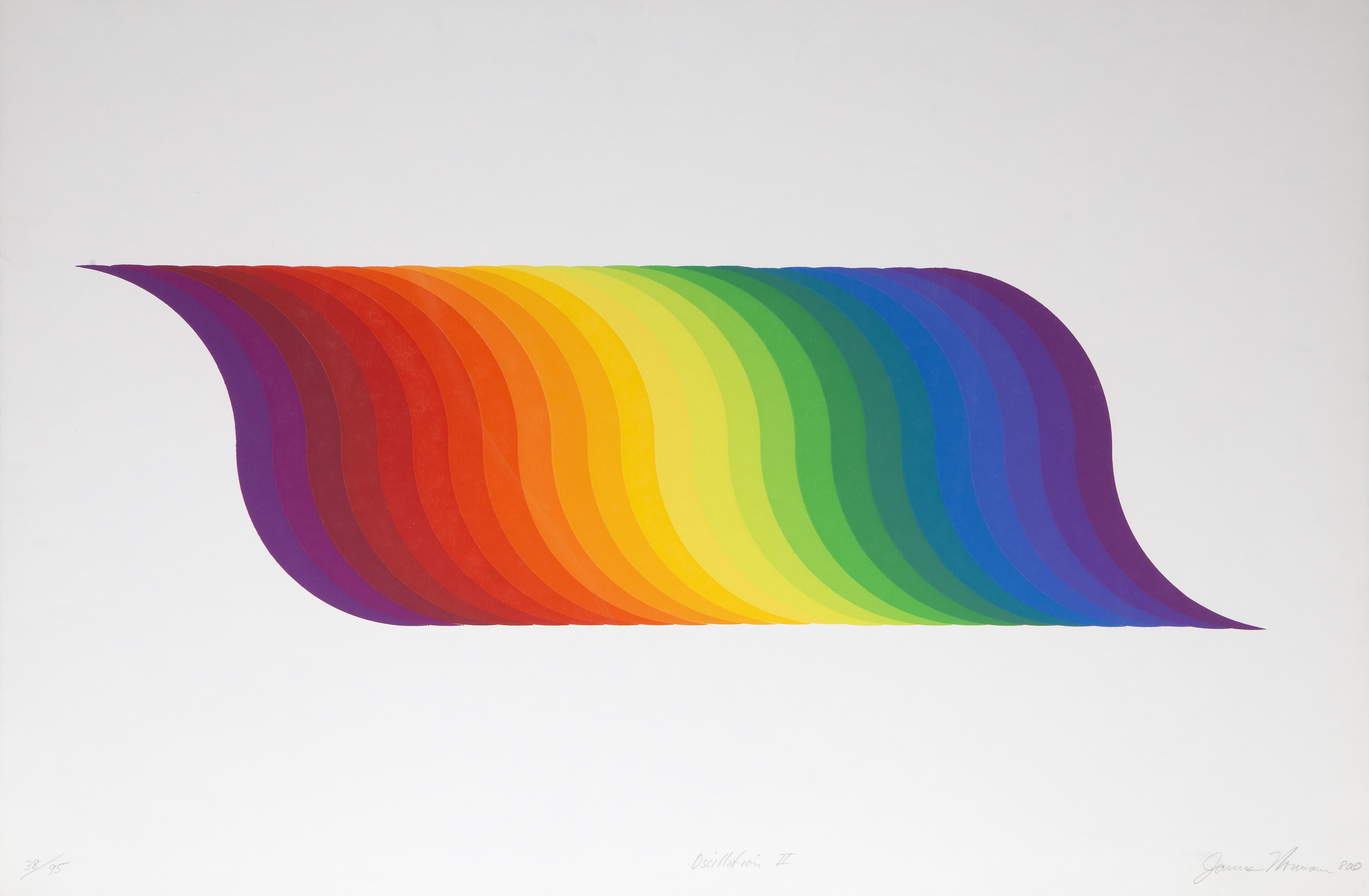 Artist: James Norman, American (1927 - 2011)
Title: Oscillation II
Year: 1980
Medium: Screenprint, signed and numbered in pencil
Edition: 38/95
Image Size: 10 x 32 inches
Size: 25 x 38 in. (63.5 x 96.52 cm)
