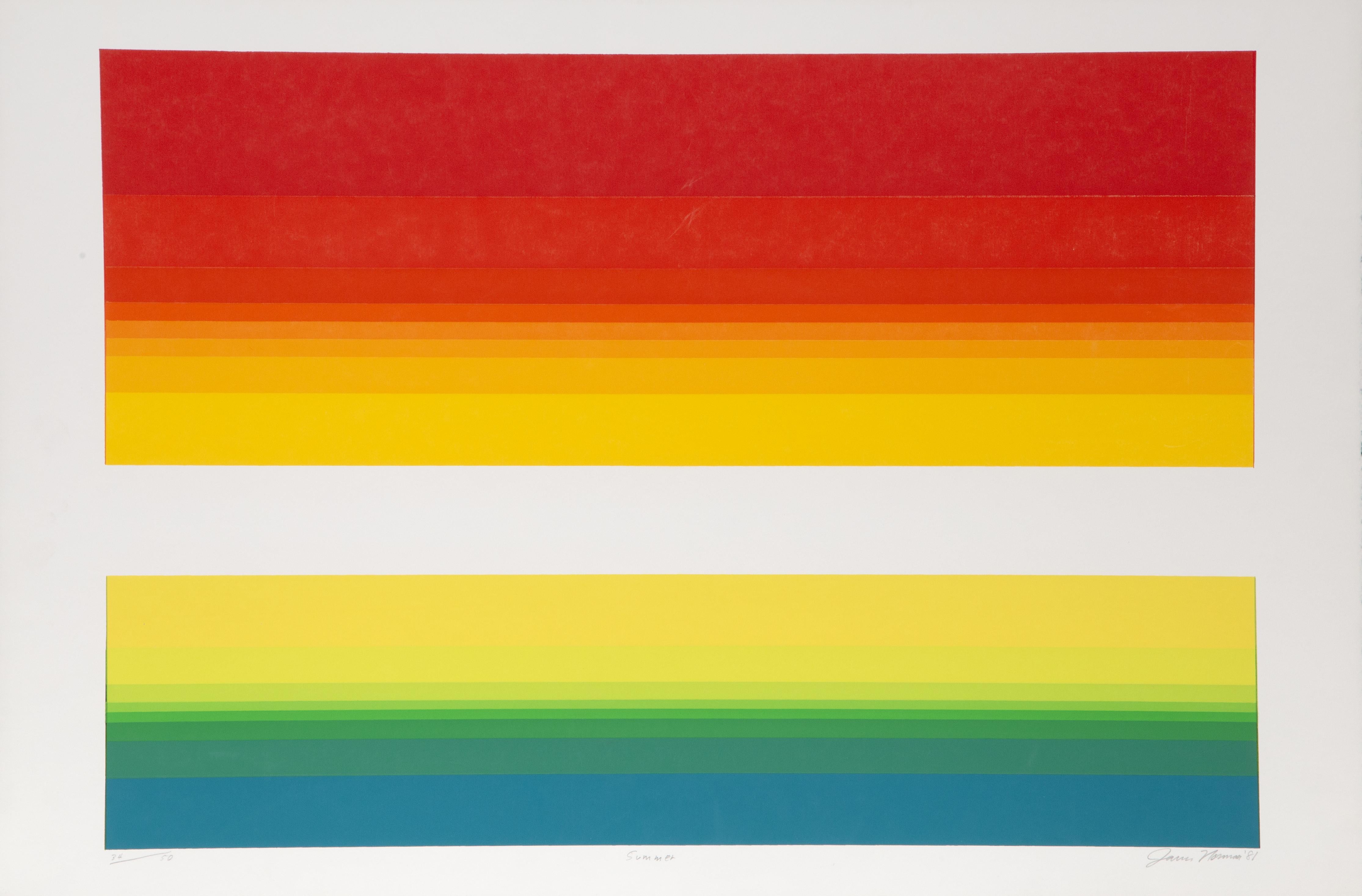Artist: James Norman, American (1927 - 2011)
Title: Summer
Year: 1981
Medium: Screenprint, signed and numbered in pencil
Edition: 39/50
Image Size: 22 x 32 inches
Size: 25 x 38 in. (63.5 x 96.52 cm)