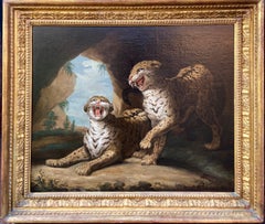 Rare peinture à l'huile du 18ème siècle représentant deux léopards en train de jouer dans laagerie royale