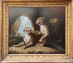 18th Century Rare Oil Painting of Two Leopards at Play from The Royal Menagerie
