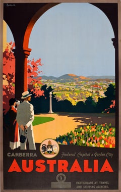 Affiche de voyage vintage d'origine d'Australie, capitale fédérale de Canberra et ville des jardins 