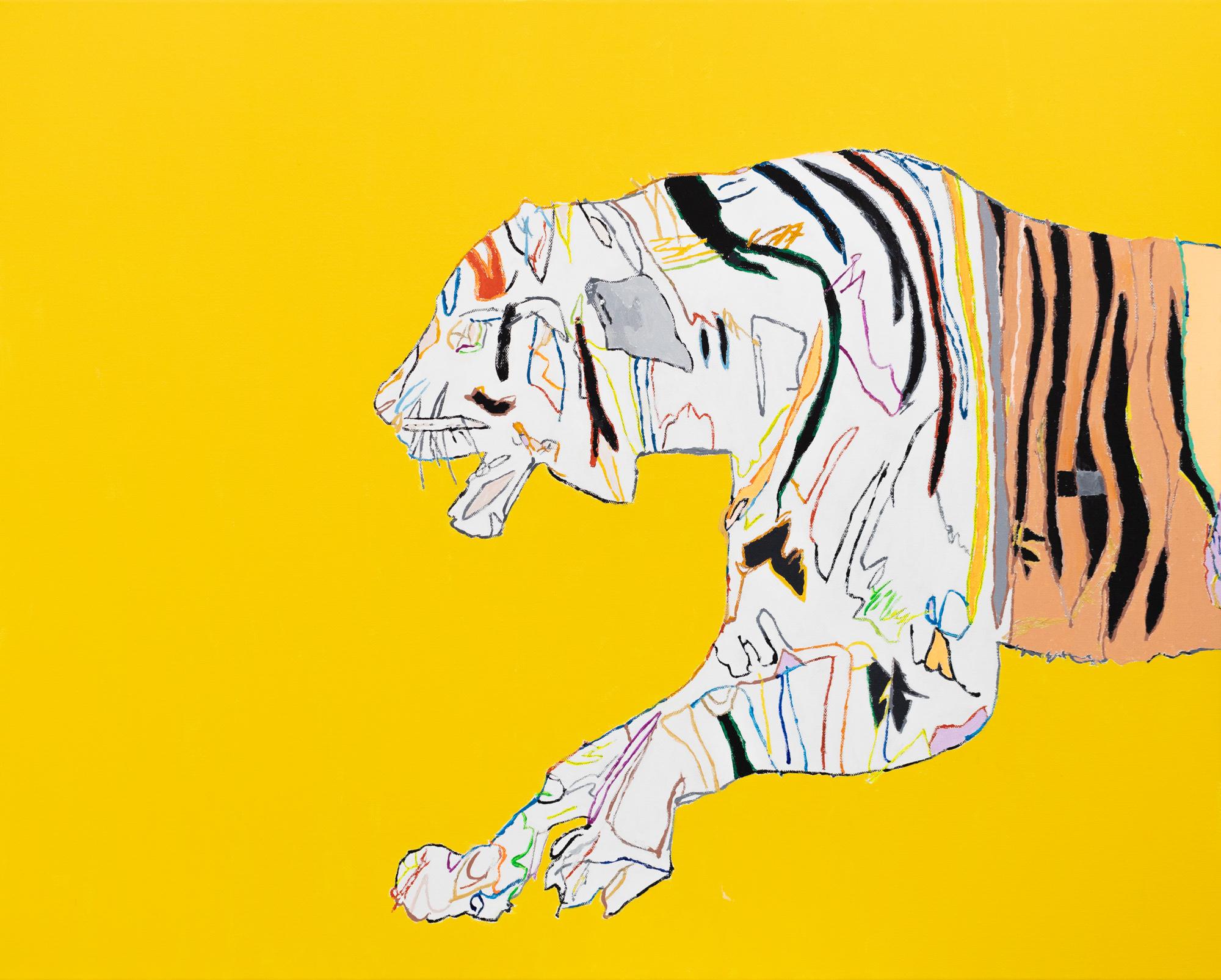 James Oliver Animal Painting - "Tigress in Transition" abstract tiger motif, acrylic on canvas