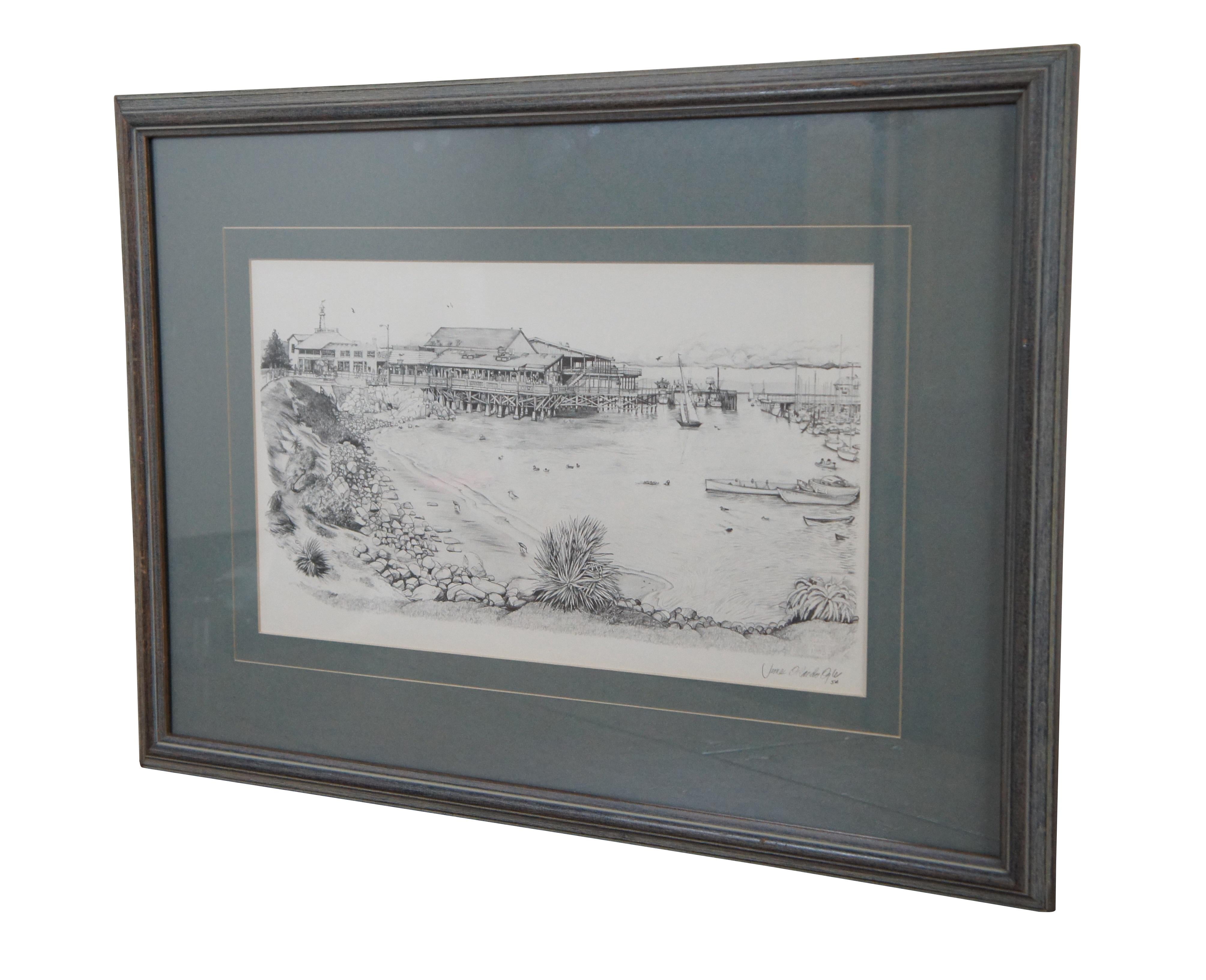 Vintage black and white lithograph print of a 1983 drawing by James Orlando Ogle of Monterey Bay’s Harbor House, Cannery Row, Monterey California. Signed in plate. Professionally matted and framed under glass.

Dimensions:
23.25