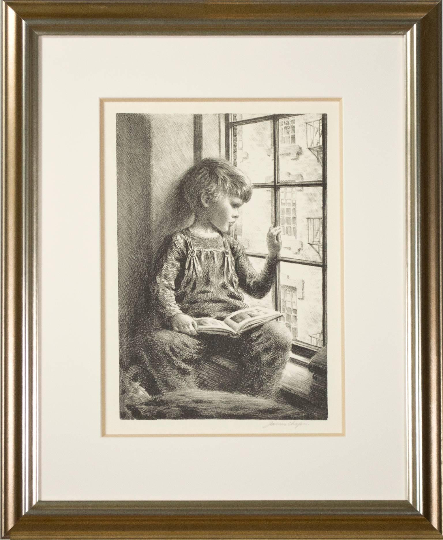 boy looking out window drawing