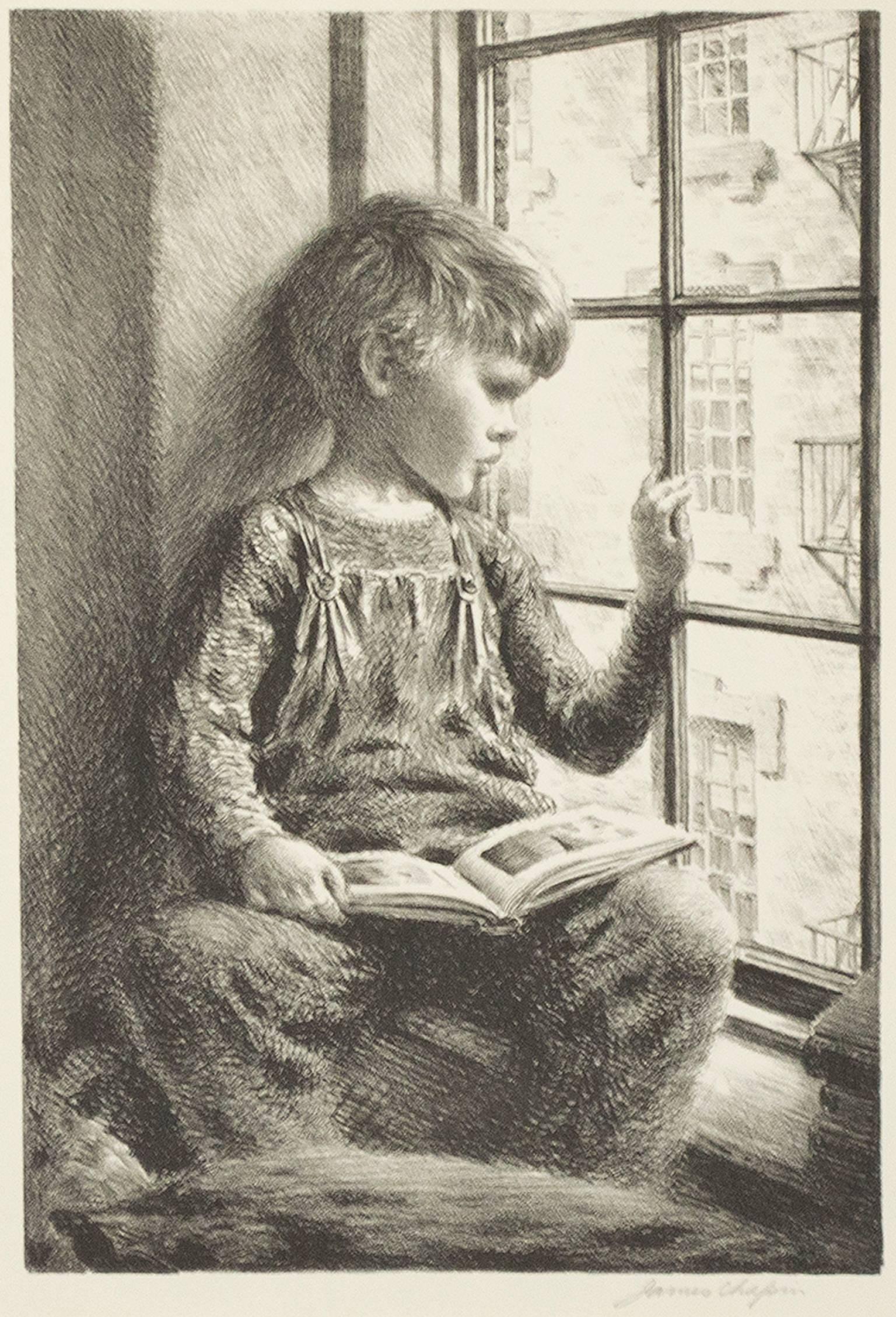 "Garçon avec livre regardant par la fenêtre, lithographie originale, cadeau classique 
