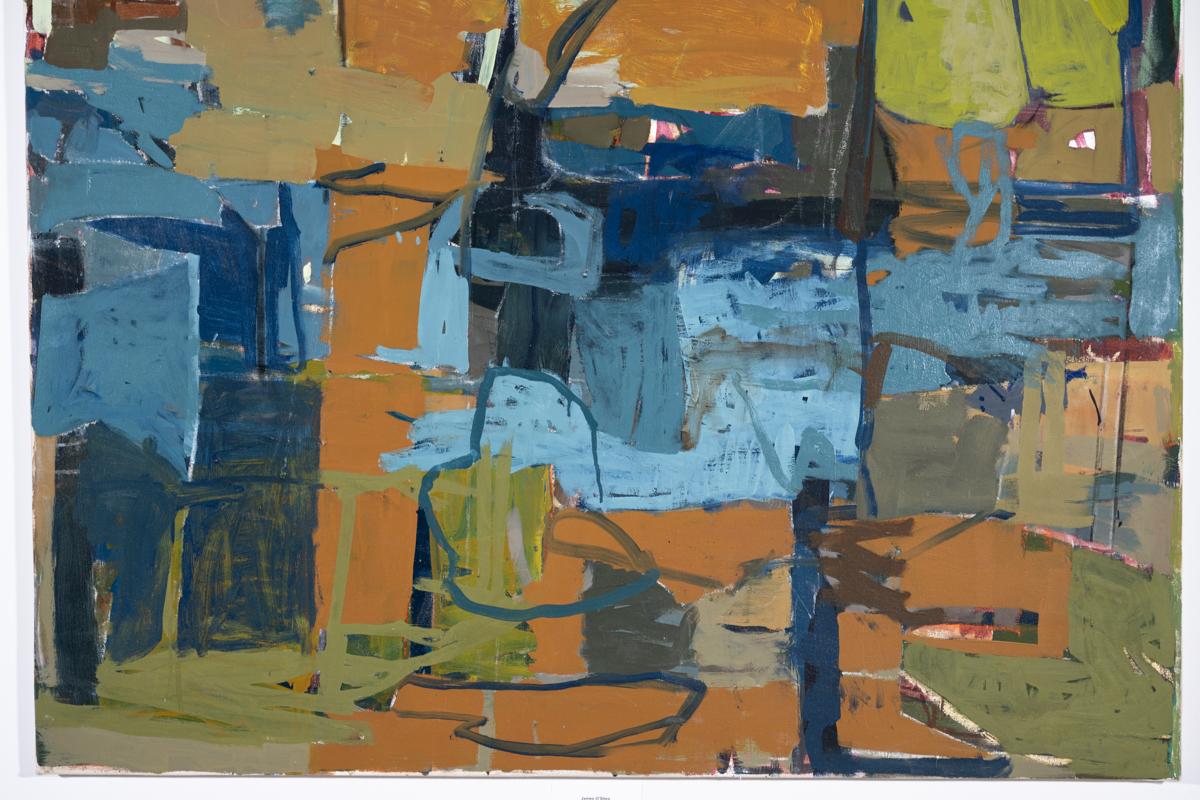 Gestische, abstrakte expressionistische Ölmalerei auf Leinwand in Erdtönen von Blau und Orange, mit Knalleffekten von Grün und Rot 
Gemalt von dem im Hudson Valley lebenden Künstler James O'Shea im Jahr 2021
Öl auf Leinwand, 44 x 44 Zoll, ungerahmt,