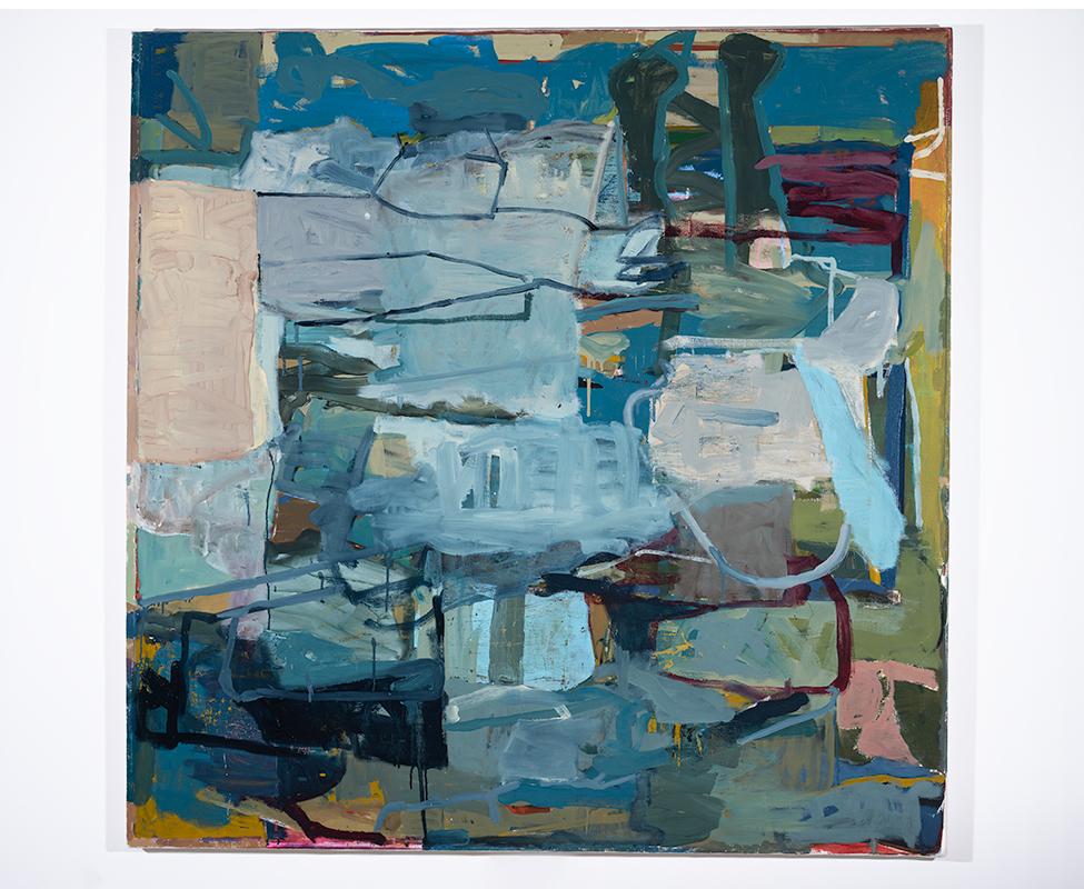 Acreage (Abstraktes expressionistisches Gemälde in Blau- und Taupetönen, Öl auf Leinwand) – Painting von James O'Shea
