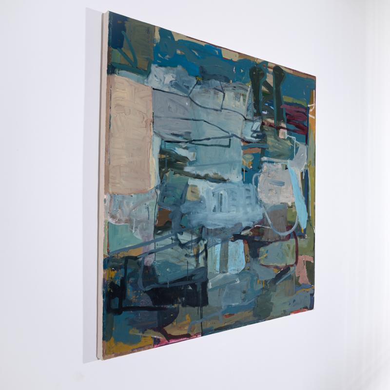 Acreage (Abstraktes expressionistisches Gemälde in Blau- und Taupetönen, Öl auf Leinwand) (Abstrakter Expressionismus), Painting, von James O'Shea