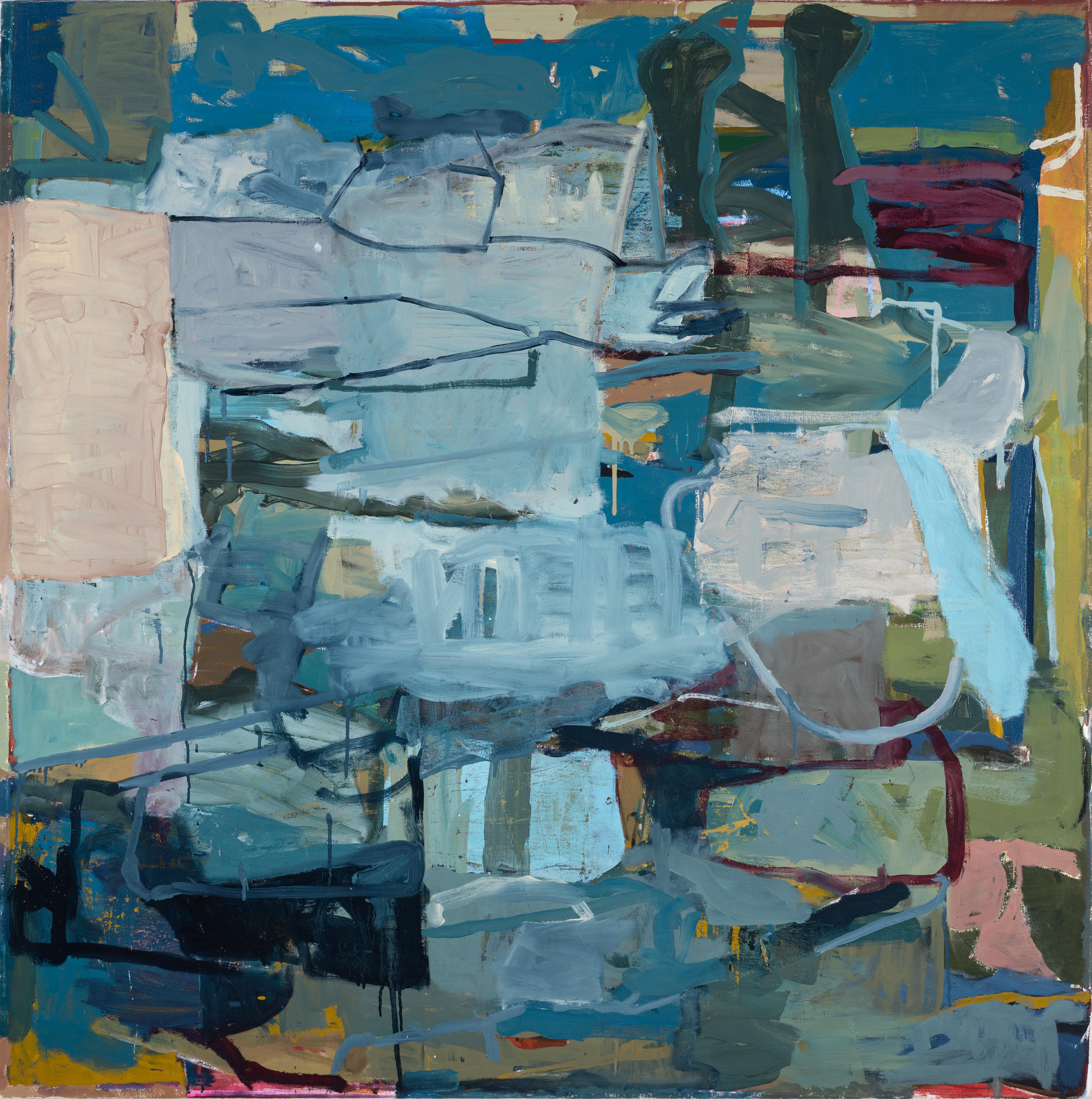 James O'Shea Abstract Painting – Acreage (Abstraktes expressionistisches Gemälde in Blau- und Taupetönen, Öl auf Leinwand)
