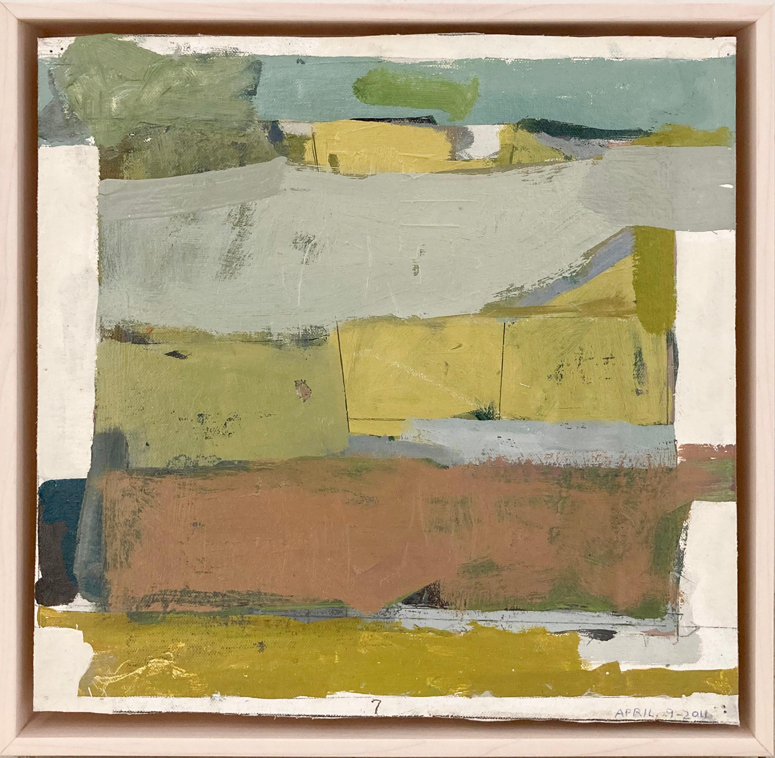 James O'Shea Abstract Painting – April 9 (Abstraktes expressionistisches Ölgemälde in Chartreuse, Salbei und Staubpfirsich)