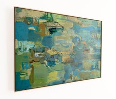 August (Quadro astratto su tela in blu e verde, con cornice)