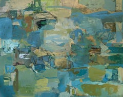 August (Quadro astratto su tela in blu e verde, con cornice)