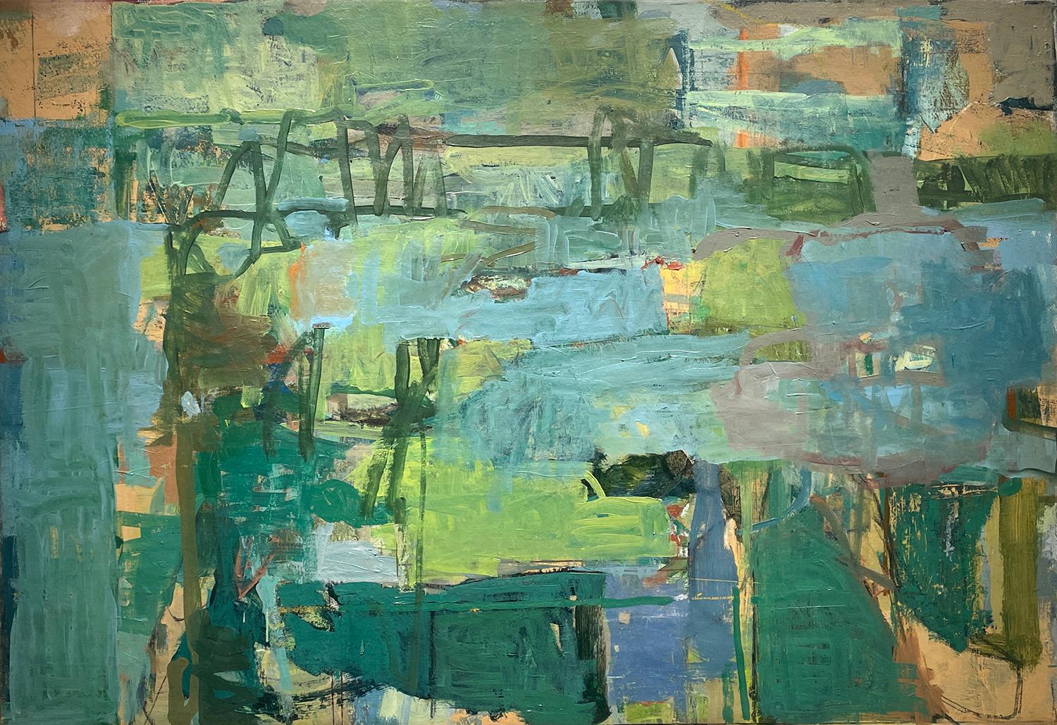 Bridge, 2024
oil on canvas
27.5 x 39.5 inches with a natural maple floater frame

Predominantly painted in blue and green, this abstract work by James O'Shea is vivacious while delicately balanced. O'Shea's highly energetic gestures and scribbles