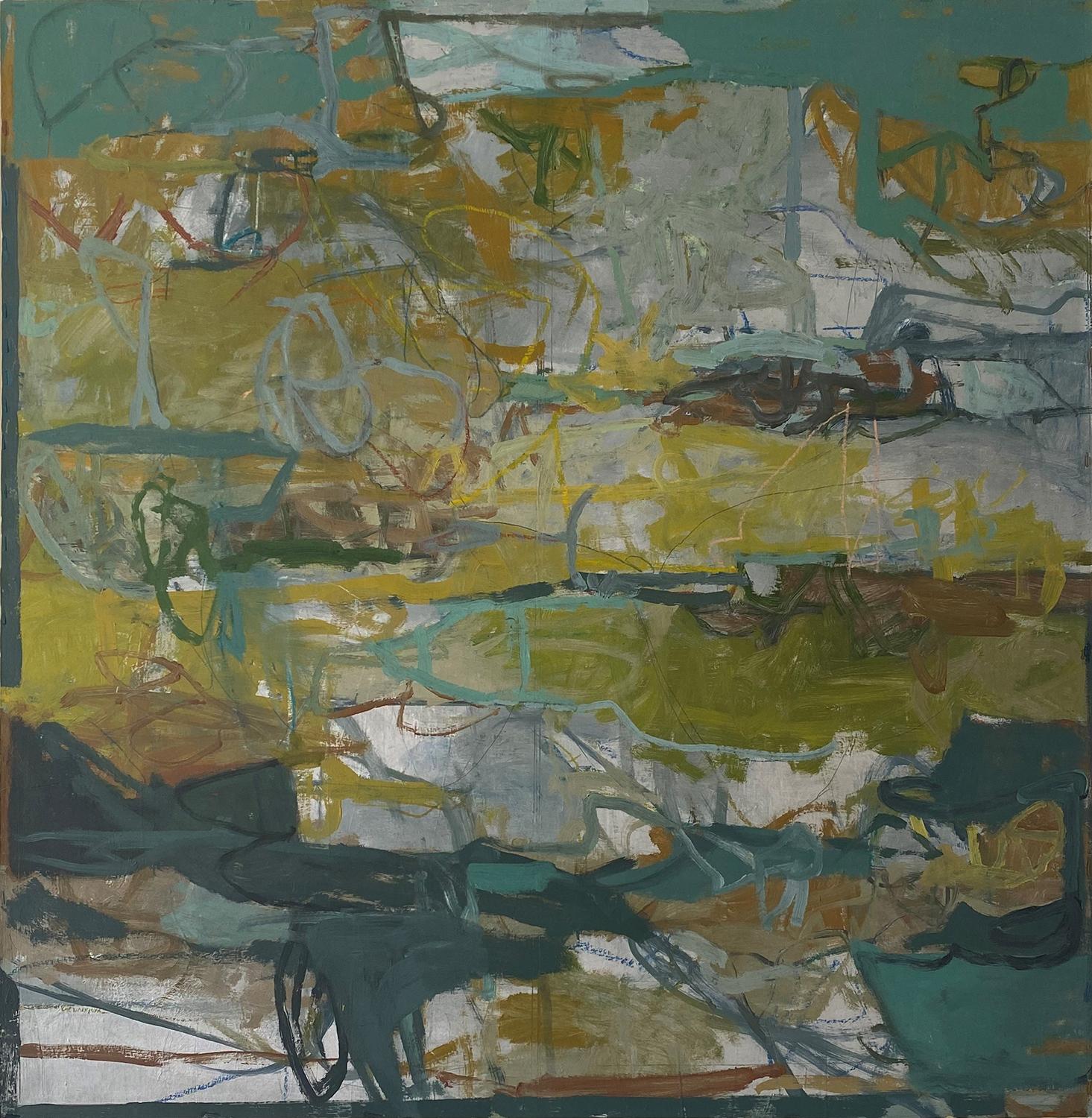 James O'Shea Abstract Painting - Corlear's (Abstract Oil Painting on Canvas in Green, Blue & Grey)