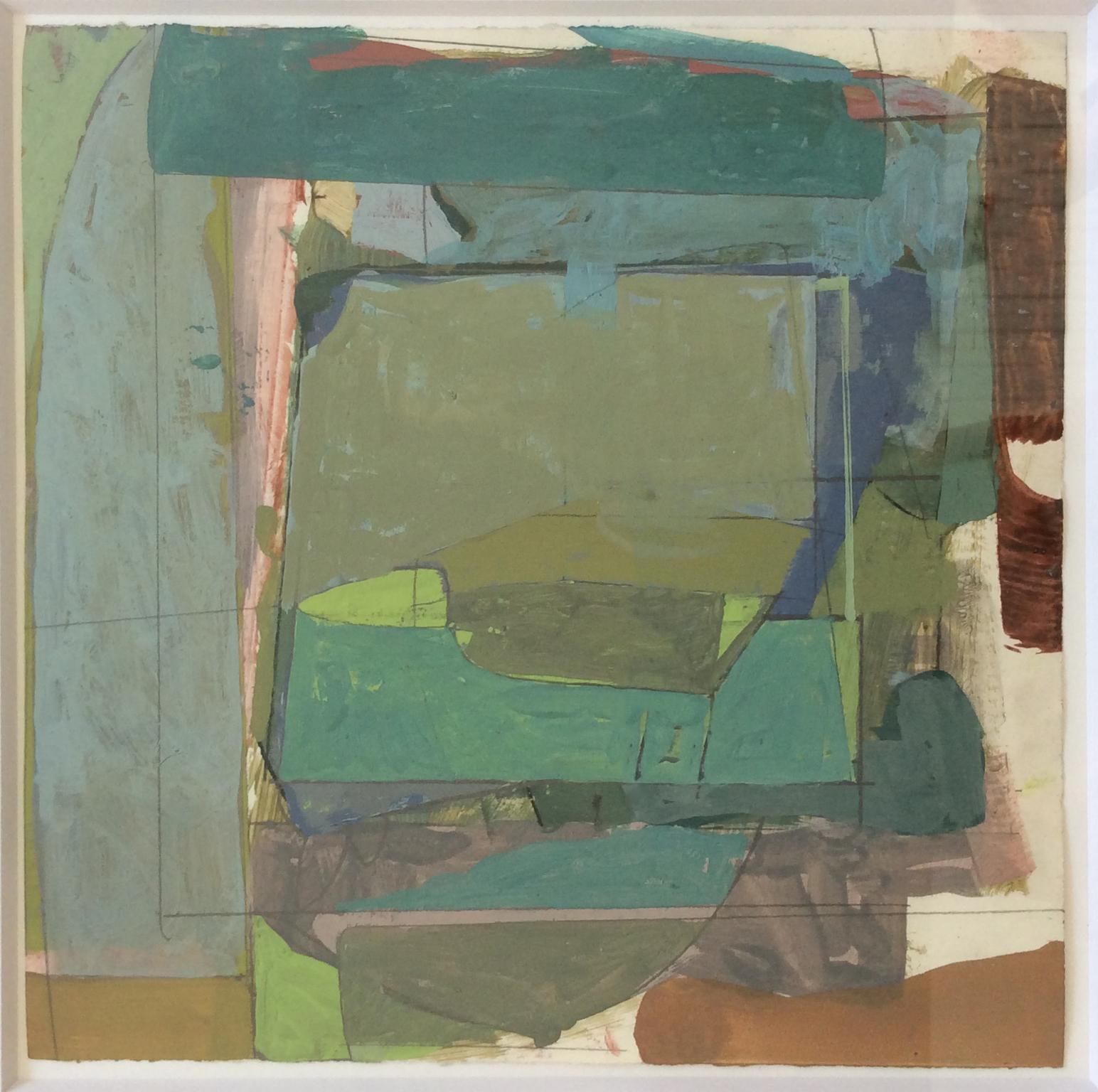 James O'Shea Abstract Painting - Dominion (Square Abstract Gouache Painting on Paper in Earth Green Palette)