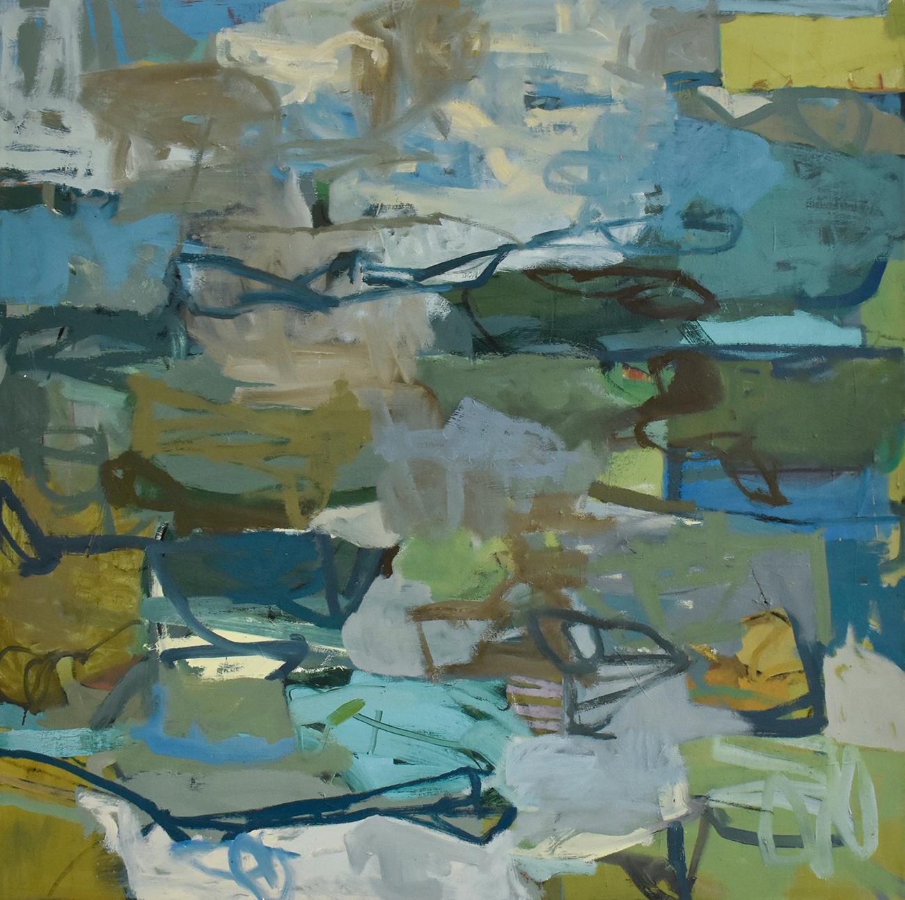 James O'Shea Abstract Painting - Edgewater Painting (Abstract Oil Painting on Canvas in Green, Blue & Grey)