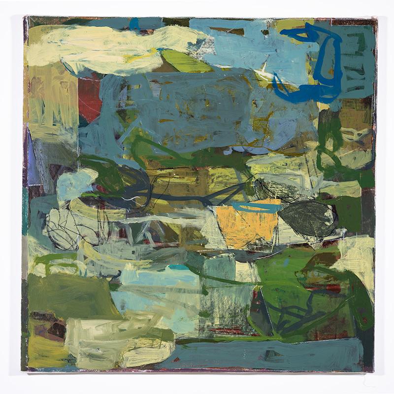 Le 29 mai (peinture à l'huile expressionniste abstraite dans des tons terreux de vert et de bleu) - Expressionnisme abstrait Painting par James O'Shea