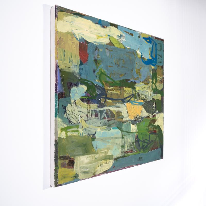 Abstraktes, abstraktes expressionistisches Ölgemälde auf Leinwand in Erdtönen in Blau und Grün, mit Akzenten in Burgunderrot und Blassgelb
