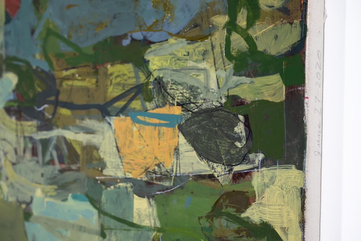 Le 29 mai (peinture à l'huile expressionniste abstraite dans des tons terreux de vert et de bleu) en vente 1
