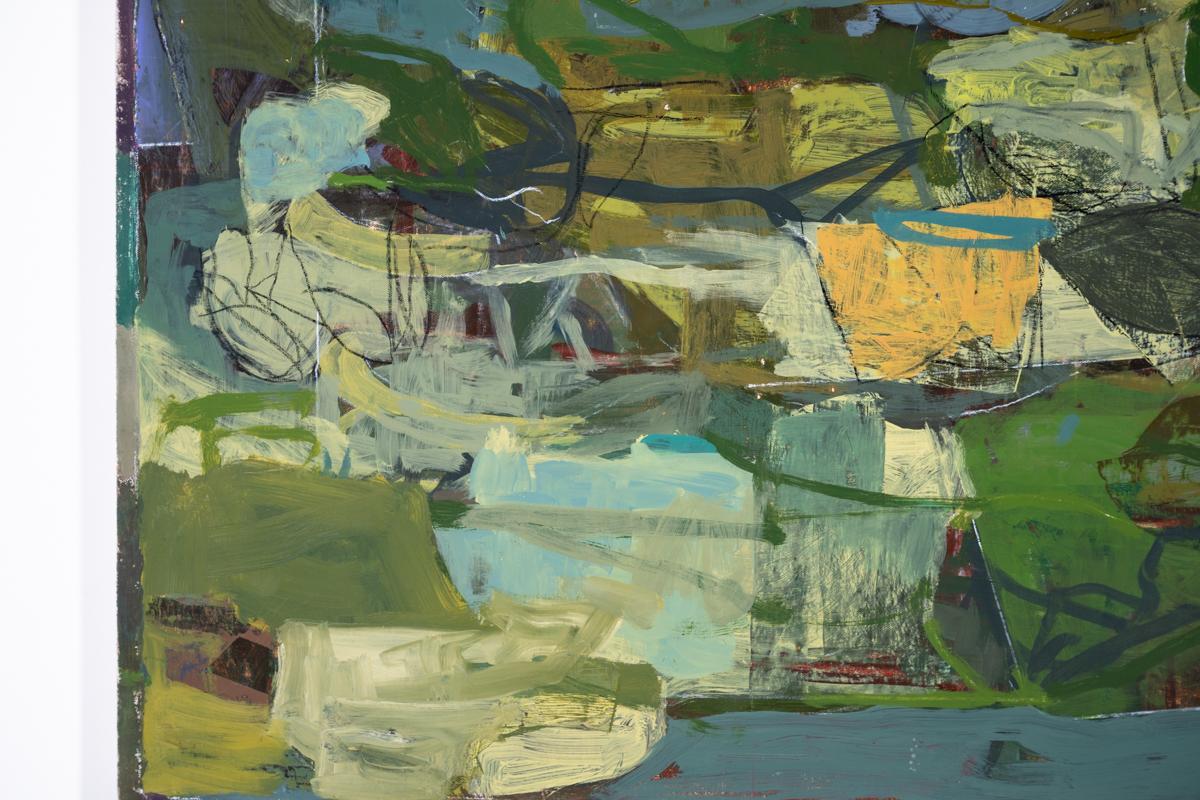 Le 29 mai (peinture à l'huile expressionniste abstraite dans des tons terreux de vert et de bleu) en vente 2