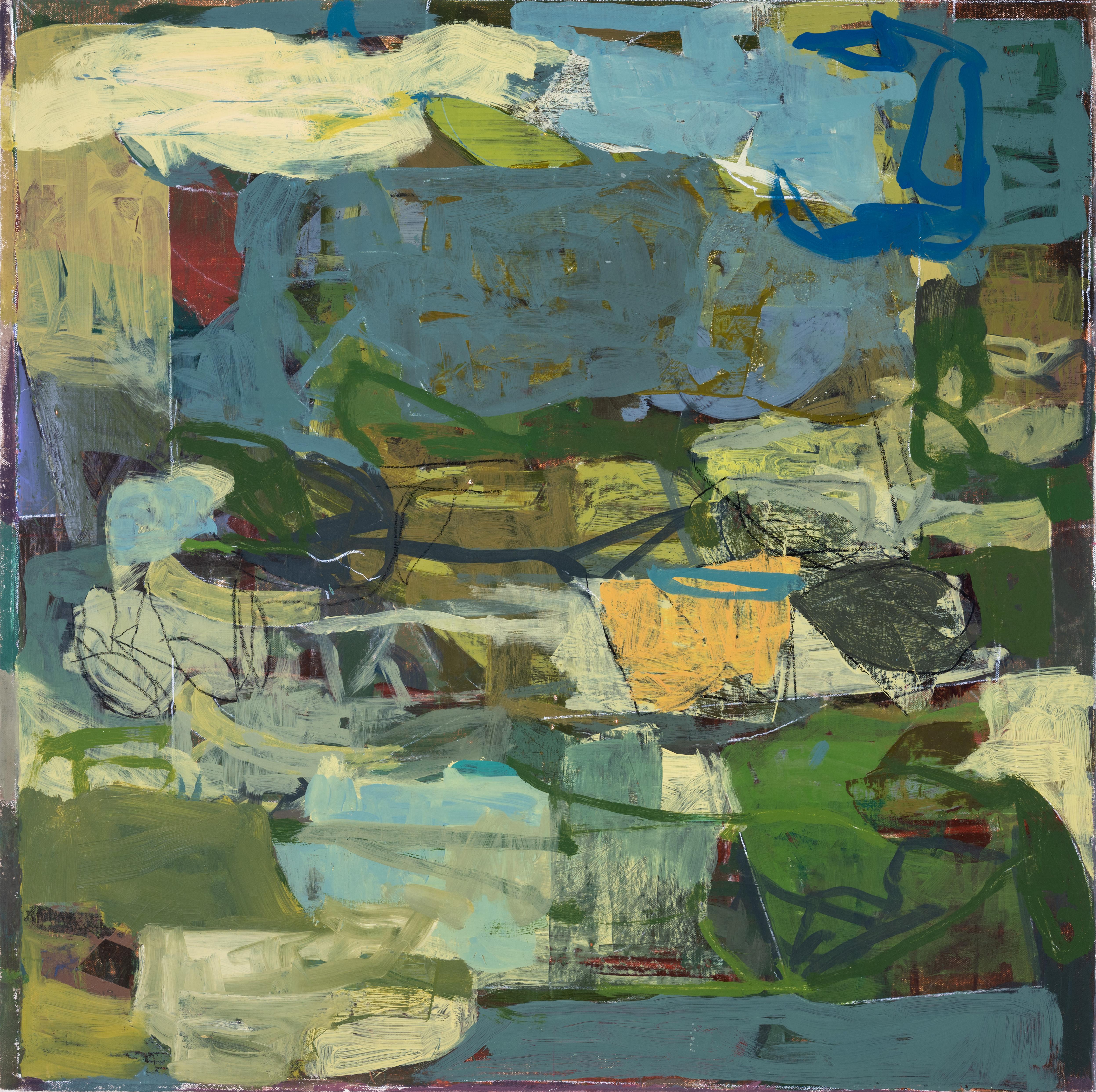 Le 29 mai (peinture à l'huile expressionniste abstraite dans des tons terreux de vert et de bleu) - Painting de James O'Shea
