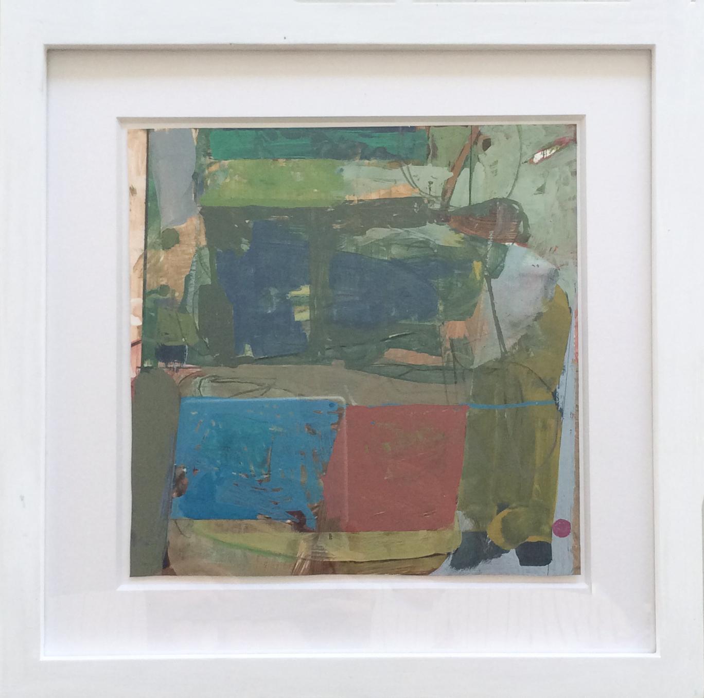 James O'Shea Abstract Painting – Merchant Ship ( quadratisches abstraktes Gouache-Gemälde auf Papier in erdgrüner Palette)