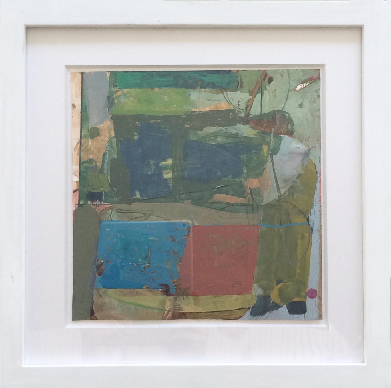 Abstract Painting James O'Shea - Merchant Ship (peinture à la gouache abstraite carrée sur papier en palette de vert terre)