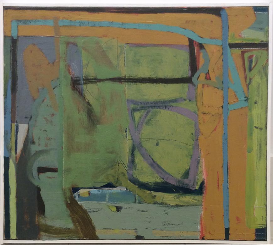 Abstract Painting James O'Shea - Voyage au Maroc (peinture à l'huile abstraite sur toile dans une palette de vert et de cuivre) 