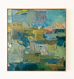 Frutteto (dipinto astratto su tela nei toni della terra del blu e del verde, con cornice)