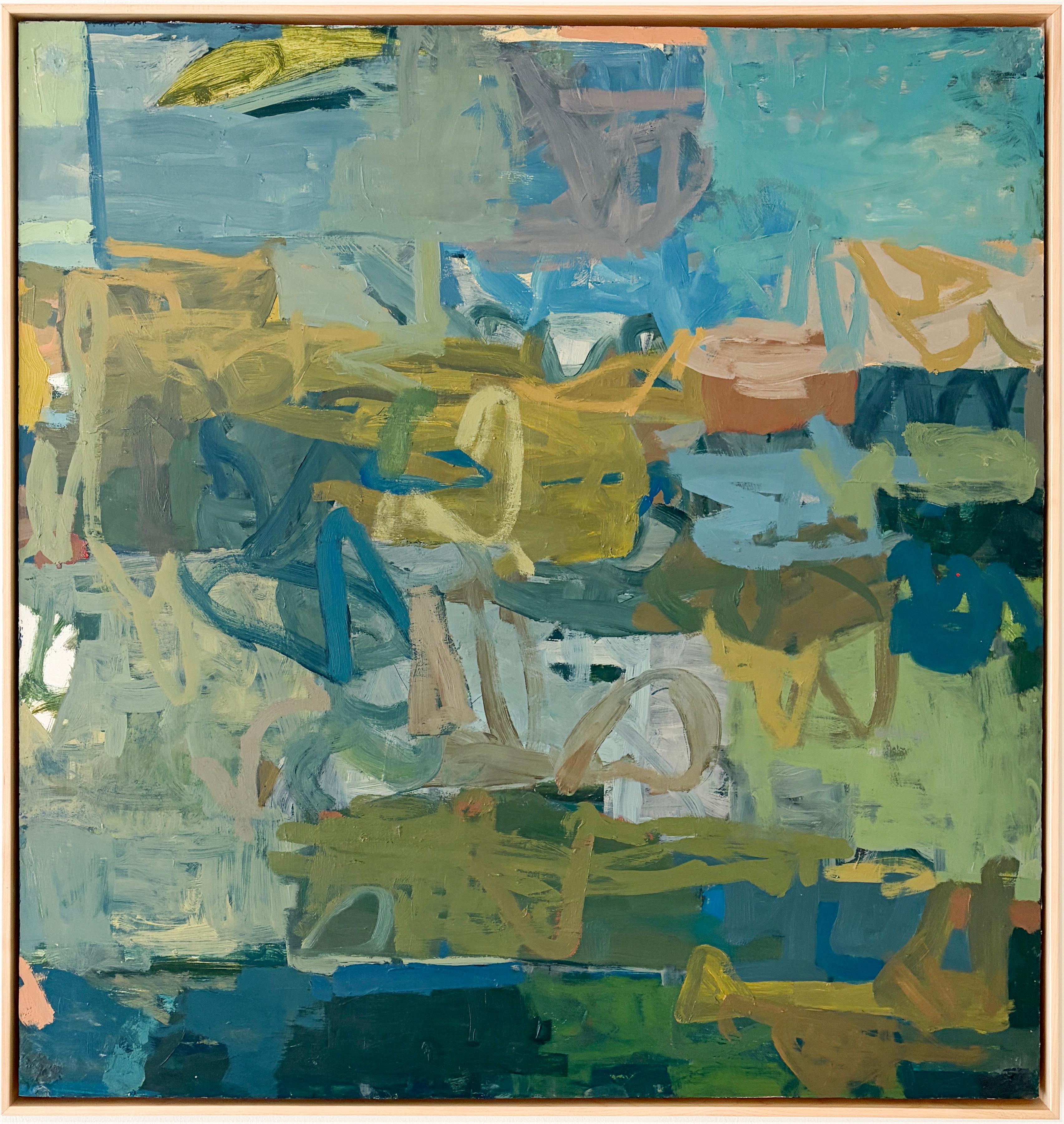 Orchard (Abstract Painting on Canvas in Earth-Tones of Blue & Green, Framed)